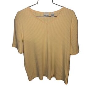 Classic Elements Womens Yellow Ribbed V-Neck Lace Trim Short Sleeve Top Size L